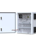Beefy Vented Steel Electrical Enclosure Loaded With 12V Fan Thermostat Cooling Kit Nema 4X IP65 open with internal shelves for electronics storage.