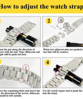 All In One Watch Link Repair Kit With Pin Remover And Double Ended Punch Includes Six Extra Pins Twenty Spring Bars Cleaning Cloth And Pro Grade Upgrade Tool For Fast Band Adjustments And Bracelet Repairs shown in instructional steps on adjusting a watch strap.