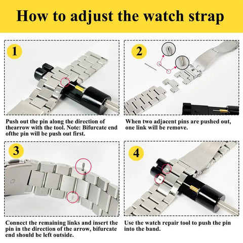 All In One Watch Link Repair Kit With Pin Remover And Double Ended Punch Includes Six Extra Pins Twenty Spring Bars Cleaning Cloth And Pro Grade Upgrade Tool For Fast Band Adjustments And Bracelet Repairs shown in instructional steps on adjusting a watch strap.