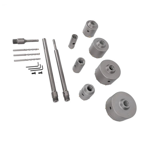 Rock Solid Concrete Hole Saw Kit 1 3/16 to 4 5/16 Inch Drill Bits Set For Brick Block And HVAC Jobs With Tungsten Steel Cutters And Storage Box, hole saws laid out