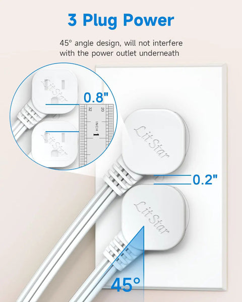 Flat Plug Extension Cord 1Ft White 90 Degree Right Angle Plug Low Profile 3 Prong Indoor Grounded Power Adapter 16AWG 13A 1625W Slim Cord For Tight Spaces 2 Pack shown installed in outlet