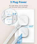 Flat Plug 3 Foot Extension Cord Pack With 90 Degree Right Angle Wall Plug White 16 AWG Indoor Grounded 3 Prong Power Cord Low Profile Design 13 Amp 1625 Watt 3 Pack showing 0.8 inch thickness and 45 degree angle