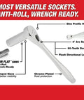 Total Badass 1/2 Inch Drive Ratchet Socket Set 47 Piece Complete Sae Metric showing 90-tooth ratchet with anti-roll design.