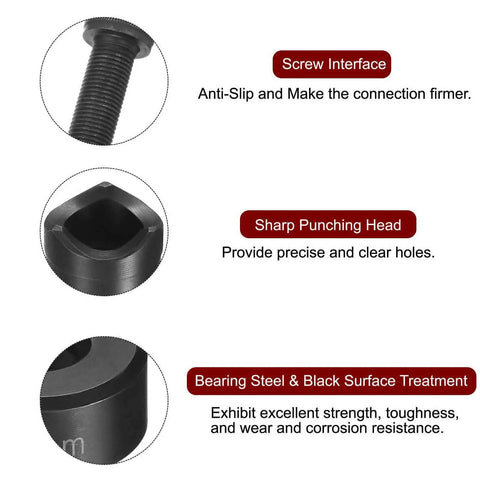Close-up of Beefy 19mm Sheet Metal Punch Hole Kit details, featuring screw interface, sharp punching head, and bearing steel treatment.