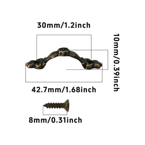 Dimensions of 30 Pack Antique Bronze Floral Arch Drawer Pulls 1.7 by 0.4 Inches with screws and 30mm center hole spacing