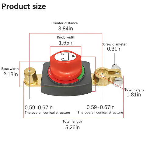 Built Tough Top Post Battery Disconnect Switch For 12V And 48V Trucks with specified dimensions and features displayed.