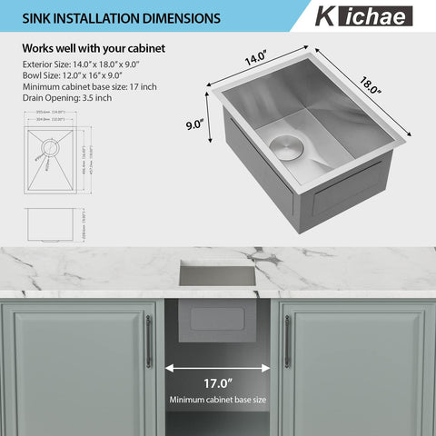 Dimensions of Undermount Bar Prep Sink 14x18 Inch Deep Single Bowl, 18 Gauge T304 Stainless Steel with Brushed Finish