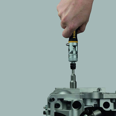 Ergonic K II 20 Piece Ratchet Set With 180 Degree Pivoting Handle And One Quarter Inch Quick Release Bit Holder, 60 Tooth Ratcheting in use on machinery
