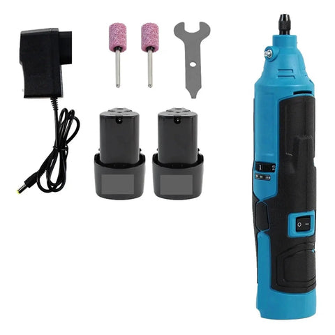Pro Knockout 12V Cordless Angle Grinder And Compact Mini Rotary Tool Featuring Rock Solid Lithium Battery with attachments.