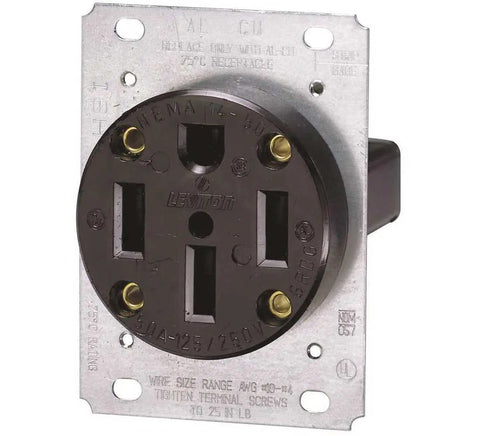 Front view of Heavy Duty NEMA 14 50R Flush Mount Receptacle 50 Amp 125 To 250V 3 Pole 4 Wire Side Wire Built Tough Industrial Grade.