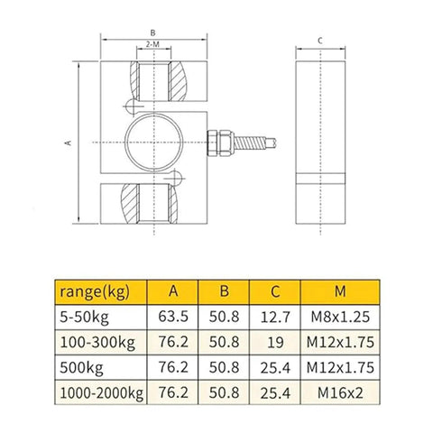 Technical drawing of S Shape Tension Compression Load Cell 5 Kg To 5 T Alloy Steel Sensor IP66 Waterproof dimensions and specs table