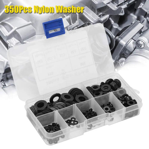 Versatile 350 Piece Rubber Washer Kit With M2 M2.5 M3 M4 M5 M6 M8 Sizes Black For Home Auto Plumbing DIY Use Cuts Friction Prevents Leaks Seals Gaskets And Spacers For All Your Quick Fix Projects., 350-piece black nylon washer assortment in compartment box