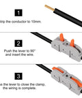 Step-by-step guide for Rock Solid Sixty Piece Quick Connect Lever Wire Connector Kit installation showing wire strip, lever push, and clamp close.