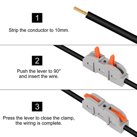 Step-by-step guide for Rock Solid Sixty Piece Quick Connect Lever Wire Connector Kit installation showing wire strip, lever push, and clamp close.