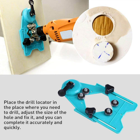 Pro Grade Adjustable Drill Hole Locator With Vacuum Base Sucker - Hole Saw Jig for tile drilling, showing suction base and drill setup.
