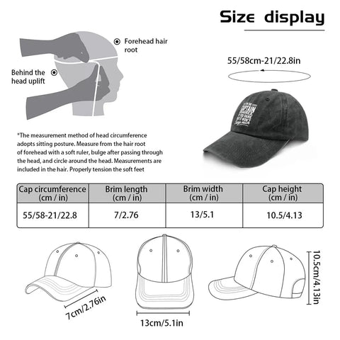 Boat Captain Style Cap For Men Distressed Washed Baseball Hat With Adjustable Strap size display and measurements chart