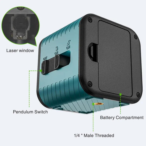 Back view of Cross Line Laser Level With Self Leveling And Manual Mode 360 Degree Rotating Green Beam IP54 Waterproof, showing battery compartment.