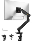 Single Monitor Mount For Up To 32 Inch Screens With Mechanical Spring Arm VESA 75x75 Or 100x100 Space Saving Computer Monitor Stand Model A5 Black 2026 Upgrade No Gas Sag Secure And Solid visible with clamp attachments and spring arm on display