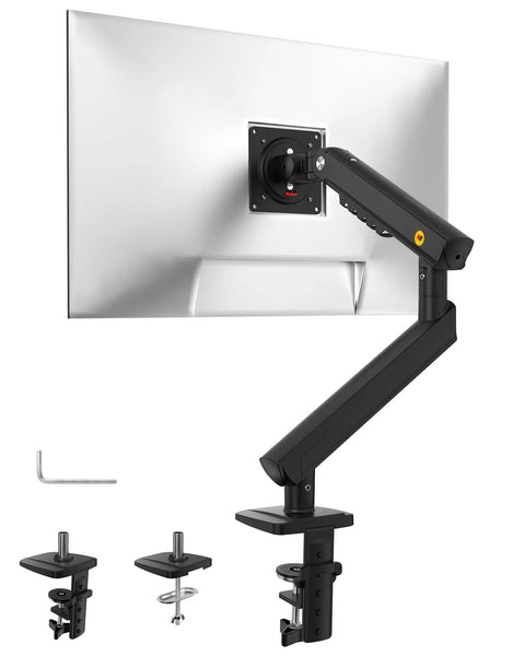Single Monitor Mount For Up To 32 Inch Screens With Mechanical Spring Arm VESA 75x75 Or 100x100 Space Saving Computer Monitor Stand Model A5 Black 2026 Upgrade No Gas Sag Secure And Solid visible with clamp attachments and spring arm on display