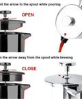 Instructions for using 34oz 304 Stainless Steel French Press Coffee Maker With Insulated Double Wall Carafe Three Layer Filter System And Extra Screens, showing open and close positions.