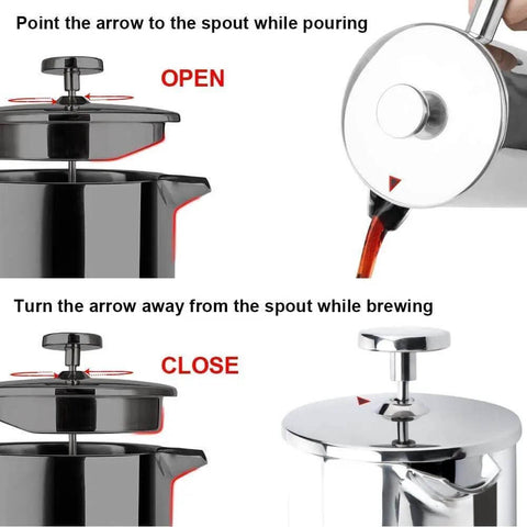 Instructions for using 34oz 304 Stainless Steel French Press Coffee Maker With Insulated Double Wall Carafe Three Layer Filter System And Extra Screens, showing open and close positions.