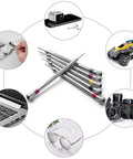 Six Piece Micro Precision Screwdriver Set With Extra Blades For Watch And Eyeglasses Repair Jewelry And Electronics 0.8mm To 1.6mm Mini Screwdrivers For Delicate Work displayed over repair icons.
