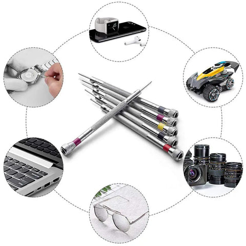 Six Piece Micro Precision Screwdriver Set With Extra Blades For Watch And Eyeglasses Repair Jewelry And Electronics 0.8mm To 1.6mm Mini Screwdrivers For Delicate Work displayed over repair icons.