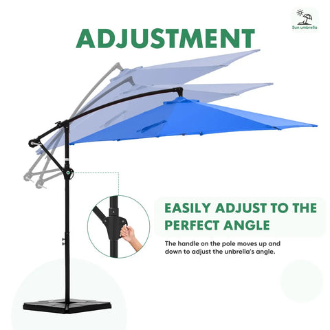 10 Foot Offset Cantilever Patio Umbrella With Base Included displayed with tilt adjustment feature and hand crank mechanism