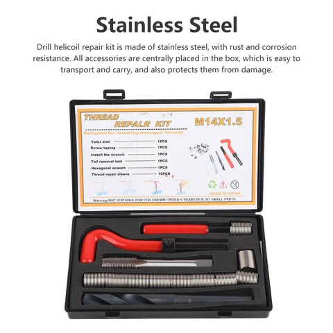 15 Piece Helicoil Thread Repair Kit For Automotive Use M14x1.5 Stainless Steel Thread Inserts in compact case, open view.