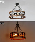 Dope Farmhouse Rustic Wood Drum Chandelier With Black Metal Accents, 4 Light Pendant for dining room, off and on view