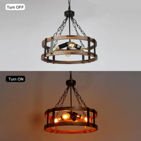 Dope Farmhouse Rustic Wood Drum Chandelier With Black Metal Accents, 4 Light Pendant for dining room, off and on view