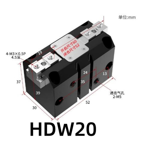 Heavy Duty Pneumatic Gripper Cylinder Actuator HDW40 Air Powered Industrial Clamp technical drawing showing dimensions and design.