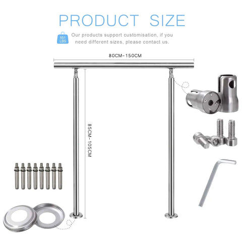 Upgrade Your Curb Appeal Instantly With This Top Shelf Adjustable Stainless Steel Handrail Kit Featuring A Sleek Brushed Silver Finish And Hella Sturdy Floor Mount Brackets For Secure Garden Stairs, product size chart showing adjustable height 80CM-150CM.