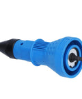 Top Rated Ergonomic Rivet Drill Adapter Kit With Hex Wrenches And Nozzles For Fastening Tasks On Sheet Metal And Auto Parts Using Standard Power Drills To Install Rivnuts Effortlessly. Blue metal drill adapter with hex shank