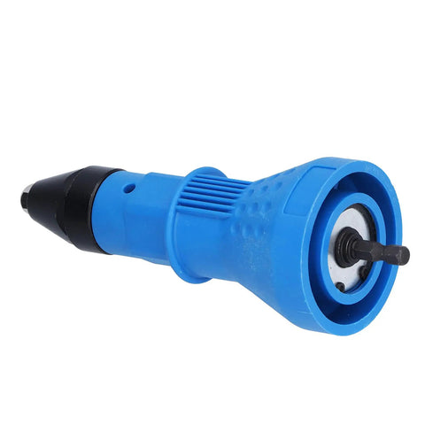 Top Rated Ergonomic Rivet Drill Adapter Kit With Hex Wrenches And Nozzles For Fastening Tasks On Sheet Metal And Auto Parts Using Standard Power Drills To Install Rivnuts Effortlessly. Blue metal drill adapter with hex shank