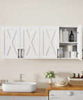 Works Like A Charm Farmhouse Wall Cabinet With Four Soft Close Barn Doors And Three Adjustable Shelves Solid Choice For Laundry Organization Or Bath Storage In Clean White Wood Grain, featured in a kitchen setting.