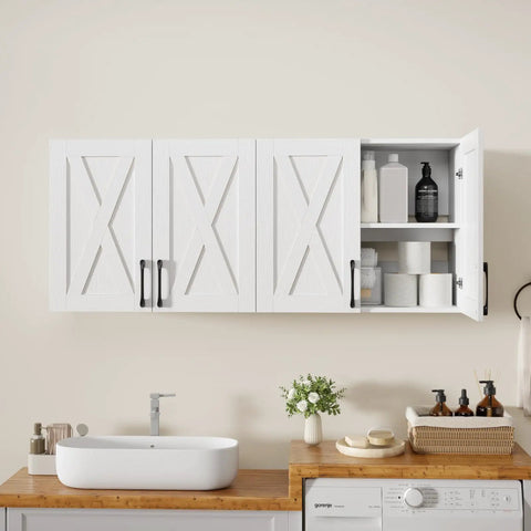 Works Like A Charm Farmhouse Wall Cabinet With Four Soft Close Barn Doors And Three Adjustable Shelves Solid Choice For Laundry Organization Or Bath Storage In Clean White Wood Grain, featured in a kitchen setting.