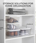10 Pack Heavy Duty Six Quart Clear Plastic Stackable Storage Bins Featuring Slick Snap On Lids storing shoes on a shelf.