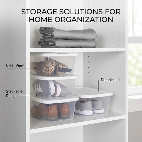 10 Pack Heavy Duty Six Quart Clear Plastic Stackable Storage Bins Featuring Slick Snap On Lids storing shoes on a shelf.