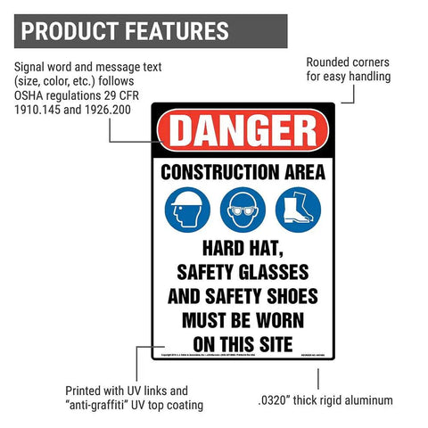 Danger Construction Area Sign PPE Must Be Worn OSHA Compliant Indoor Use 10 By 14 Inch Plastic Sign With Rounded Corners Reminds Workers Visitors Hard Hat Eye Protection And Safety Shoes Required