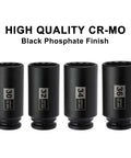 Deep Axle Nut Impact Socket Set For Half Inch Drive With 12 Point Design In CR MO Steel, sizes 30mm to 36mm in black finish