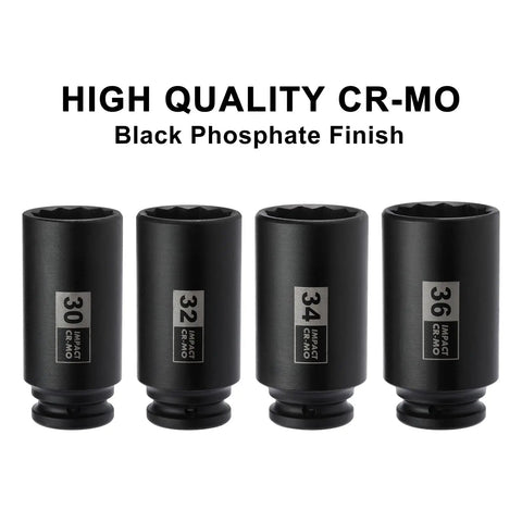 Deep Axle Nut Impact Socket Set For Half Inch Drive With 12 Point Design In CR MO Steel, sizes 30mm to 36mm in black finish