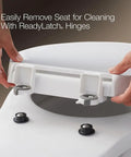 Hands removing Cachet Round Toilet Seat With Quiet Close Lid, Grip Tight Bumpers, Release Hinges, Quick Attach Hardware, White