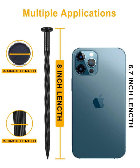 Comparison of 8-inch plastic landscape stake with iPhone, focus keyword: 100 Pack 8 Inch Plastic Landscape Stakes With Spiral Nylon Edging Spikes For Paver Edging, Weed Barrier, Artificial Turf And More, Easy Insertion And Anti Detach Design For A Neat, Strong Lawn Border.
