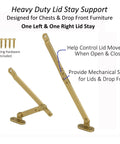 Heavy Duty Brass Plated Lid Stay Hinges, one left and one right support strut for controlled lid movement.
