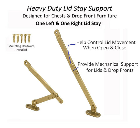 Heavy Duty Brass Plated Lid Stay Hinges, one left and one right support strut for controlled lid movement.