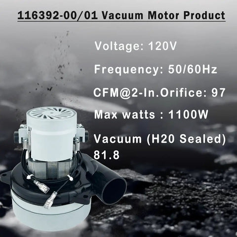 Beefy 120V Central Vacuum Motor Replacement, 2 Stage, 1100W, 97CFM detailed specs and model 116392-00/01.