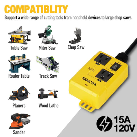 SENCTRL automatic vacuum switch front view; yellow control box with two outlets for power tools and dust collector