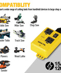 Automatic Vacuum Switch With Five Foot Power Cord For Power Tools And Table Saws Lets Your Vacuum Turn On And Off Automatically When The Tool Starts, Includes On Delay To Prevent Overload And Delayed Shutoff For Dust Collector, shown in yellow with various compatible tools.