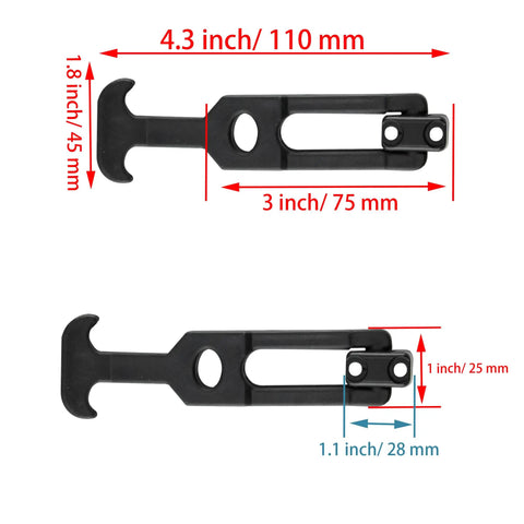 Two Pack Rubber Flexible T Handle Draw Latches with mounting screws, 4.4 inch by 1.85 inch shown with dimensions.